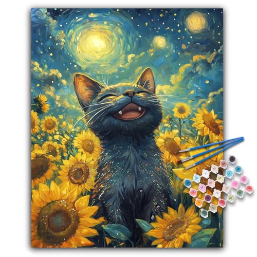 Paint by Numbers Kit for Adults, Sunflowers Black Cat Canvas Painting Set | 16x20 Inch, DIY Acrylic Number Painting Craft Kit for Adults Beginners, Home Wall Decor, Stress Relief Relaxing Hobby Gift - color: BOP1PNP14