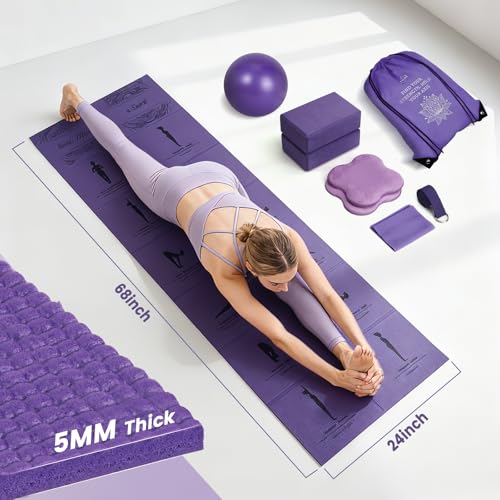 Foldable Non-Slip Yoga Mat and Blocks Set for Women, 9-Pcs Yoga Starter Kit - color: Purple