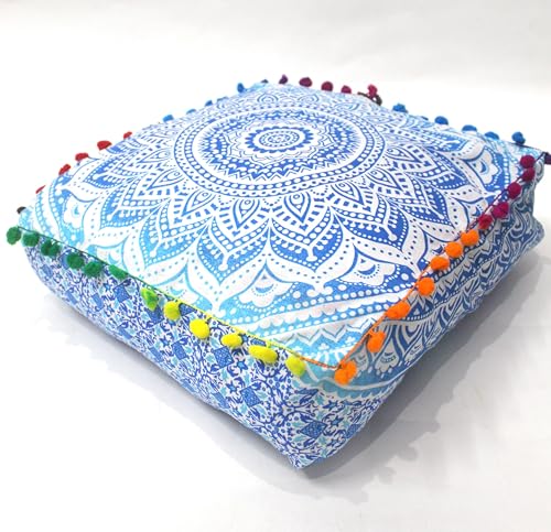 CRAFT KALA 45.7cm(18인치) 정사각형 대형 히피 만다라 명상 바닥 오토만 베개 쿠션 푸프 커버 스퀘어 푸프 보헤미안 원형 바닥 쿠션 케이스 야외 벽난로 요가 거실 장식 커버 블루 옴브레 - color: 파란색과 흰색., size: 18"D x 18"W x 5"H