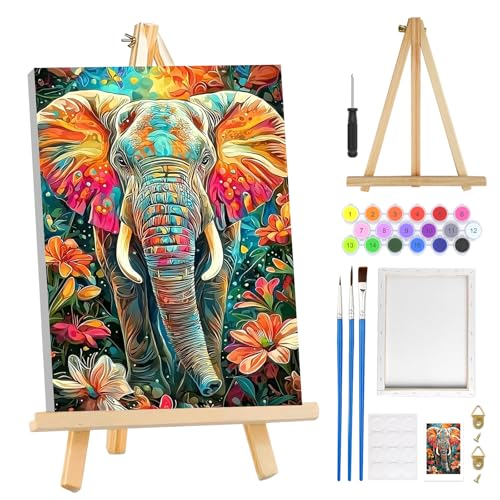 MOGTAA Elephant Paint by Numbers Kit for Adults Beginners with Frame, Flowers Adult Paint by Number Kits on Canvas with Easel, Easy DIY Aniaml Oil Painting Kits for Home Decor, 8x12in - color: Elephant