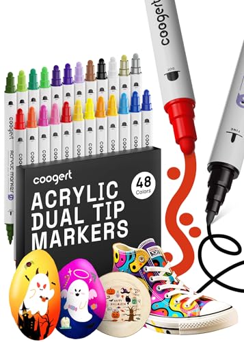 Coogert 48 Colors Dual Tip Acrylic Paint Markers,Fine Tip and Dot Tip Acrylic Paint Pens For Rock Painting, Canvas, Wood, Glass, Ceramic, Fabric, Plastic, Egg, Art Painting Supplies Kit