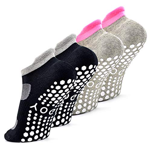 Busy Socks 2 Pack Women Ankle Non Slip Yoga Pilates Grip Socks with Cushion | Anti Skid Slipper Arch Support Socks for Barre Bikram Dance Trampoline Fitness Hospital Home Floor Walking Jogging Cardio - color: 2 Pairs Black/Gray