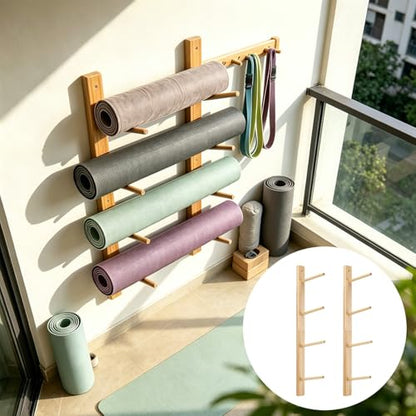 Wall Mount Wooden Yoga Mat Storage Rack, Premium Solid Wood Yoga Mat Holder, Space-Saving Yoga Equipment Organizer for Yoga Mats, Towels, Foam Rollers, Easy to Install (Hold 2 Mats Per Pair)