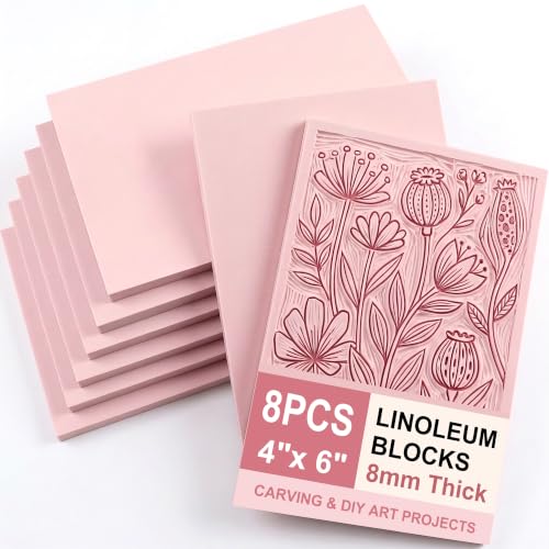 SGHUO 8pcs 4"x6" Pink Rubber Carving Blocks, 8mm Thick | Soft Pink Linoleum Blocks for Printmaking, Rectangle Lino Blocks 8mm Thick, Easy Cut Stamp Carving Tools, Crafts Kit Linocut - color: Pink, size: 8PCS