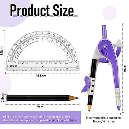 EBOOT Student Geometry Math Set, Drawing Compass and 6 Inch Clear Swing Arm Protractors 180 Degree Math Protractor (Purple) - color: Purple
