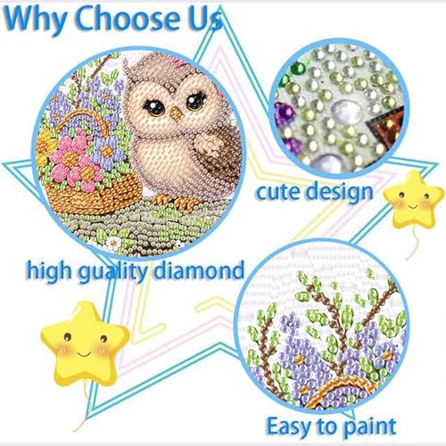 Ajepon Owl Diamond Art Kit for Kids, Ages 8-12, 7x7 Inch, Modern Style, Crystal Diamonds, Includes Canvas, Frame, Tools, Non-Foldable - color: CC193