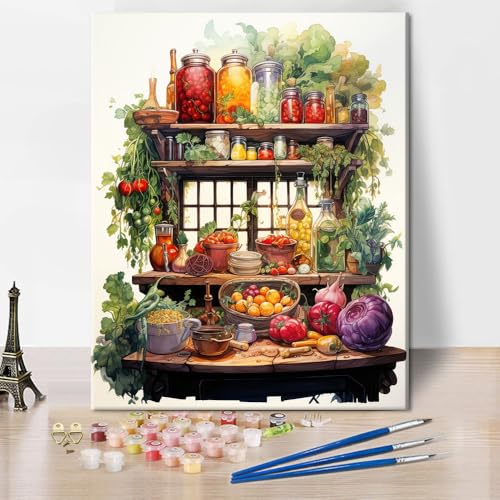 TUMOVO Vegetables Paint by Numbers Kit for Adults Beginners, Colorful Fruit in a Glass Jar DIY Acrylic Paint by Number Kits on Canvas, Oil Painting for Gift Home Wall Decor 16"x20"(Frameless) - color: Vegetable