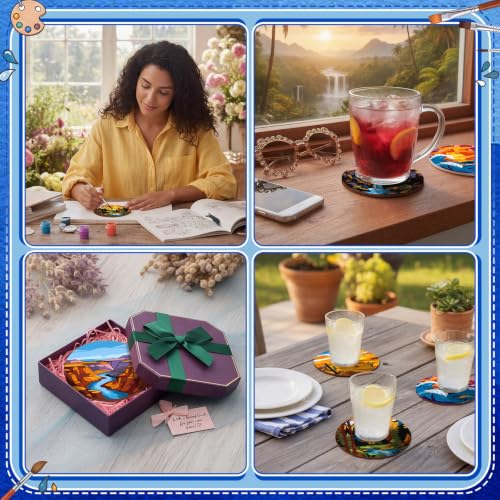 Reallnaive 8 Pcs Mountain Paint by Numbers Kit for Adults Wooden Coasters | Mini Landscape Paint by Numbers, Tiny Sunrise River Round Oil Painting Drink Coaster with Holder, for Small DIY Craft Gift - style: Mountains