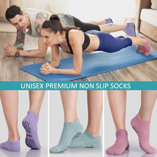 Hylaea Unisex Non Slip Socks with Grip for Yoga, Hospital, Pilates, Barre | Ankle, Cushioned | Breathable Cotton, Thick Cushioned Sole, Anti-Slip, Ankle Protection, Men Women, Ideal for Yoga, Barre, Hospital & Home Use - color: 3 Pairs (Pink Purple Blue),