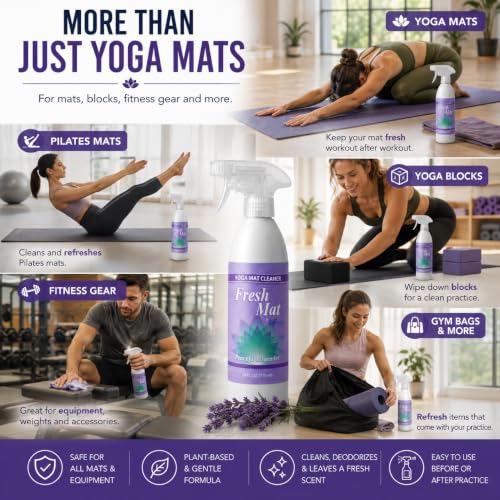 Fresh Mat Yoga Mat Cleaner Spray - Natural Deodorizing Cleaner for Yoga Mats & Fitness Equipment - No-Rinse, Residue-Free Formula with Witch Hazel & Essential Oil, Peaceful Lavender (24 fl oz). - size: 24 Fl Oz (Pack of 1)