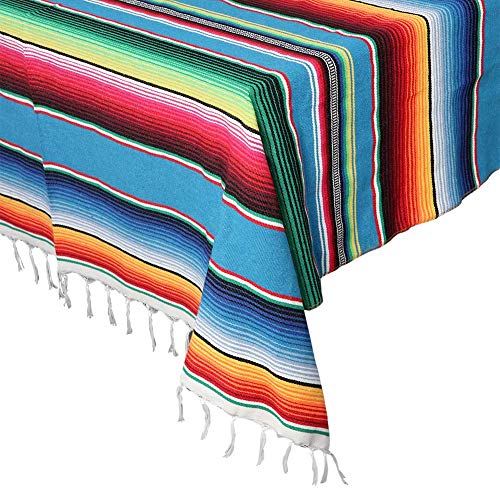 Mexican Tablecloth 60x85, Serape Blanket with Tassels for Party Decorations | Blue Mexican Blanket and Throws, Rectangle Woven Stripe Tablecloth, Vibrant Colors, Easy to Clean, Multi-Use Potential - color: Blue