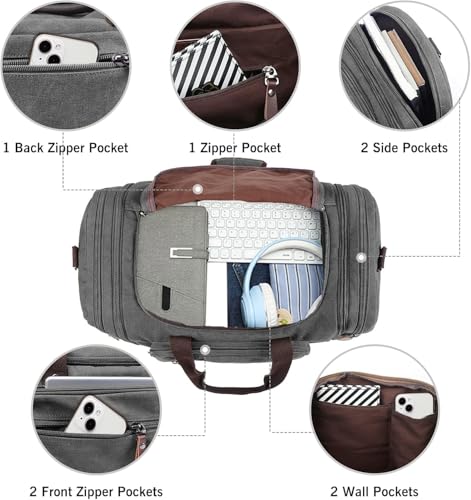 Sechunk Duffle Bag Canvas Large Outdoor Shoulder Bag Overnight Handbag Travel Tote Luggage Weekender Bag - color: grey