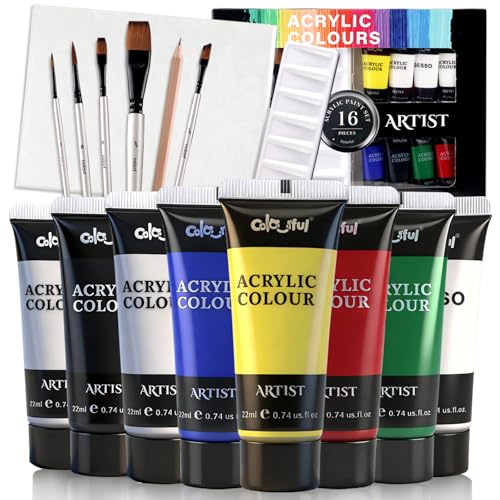 Colorful Artist Acrylic Paint Set, 16 Pack with Brush & Palette, Craft Paint