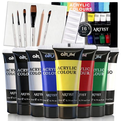 Colorful Artist Acrylic Paint Set, 16 Pack with Brush & Palette, Craft Paint