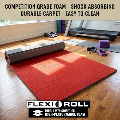 Dollamur 5'x10'x1-3/8" Gymnastics Mat, Carpeted Mat for Tumbling and Cheerleading, FLEXI-Roll® - color: Red