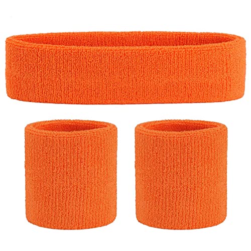 ONUPGO Sweatband Set Sports Headband Wristband Set Sweatbands Terry Cloth Wristband Wrist Sweatband Headbands Moisture Wicking Sweat Absorbing Head Band - color: Orange