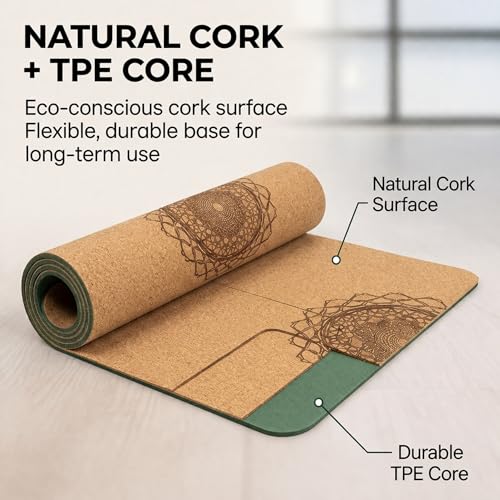 Workout Mat with Carrying Strap - 6mm Thick Cork Yoga Mat (72” x 24”) - Non-Slip Cork Mat for Home, Gym, Fitness & Hot Yoga - Lightweight, Cushioned, Durable & Sweat-Resistant by Fitby