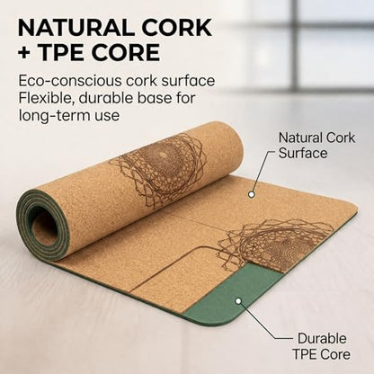 Workout Mat with Carrying Strap - 6mm Thick Cork Yoga Mat (72” x 24”) - Non-Slip Cork Mat for Home, Gym, Fitness & Hot Yoga - Lightweight, Cushioned, Durable & Sweat-Resistant by Fitby