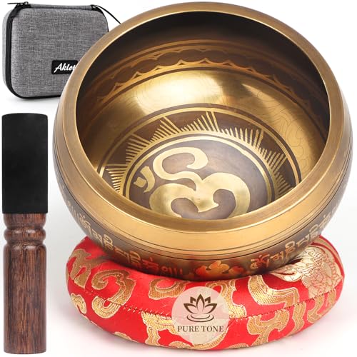 AKLOT HandMade Meditation Singing Bowl: Tibetan Sound Bowl Set with Pure Tone, Sound Bath Bowl with Cushion, Mallet, Carry Bag, Spiritual Gift for Chakra Clearing, Yoga, Prayer, Relaxation (5 Inch) - color: 5 inch Gold