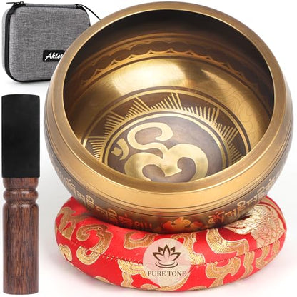 AKLOT HandMade Meditation Singing Bowl: Tibetan Sound Bowl Set with Pure Tone, Sound Bath Bowl with Cushion, Mallet, Carry Bag, Spiritual Gift for Chakra Clearing, Yoga, Prayer, Relaxation (5 Inch) - color: 5 inch Gold