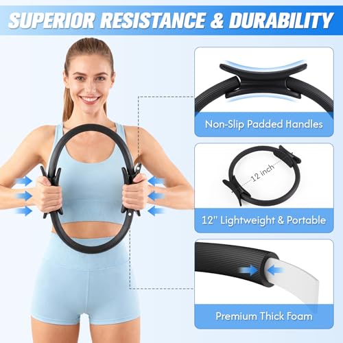 GINMIC Pilates Kit, Pilates Equipment for Home Workouts, at Home Pilates Set with Complete Accessories: Pilates Ring, Pilates Ball, Long and Loop Resistance Bands, Socks, Massage Ball, Guide & Bag - color: Black & Blue