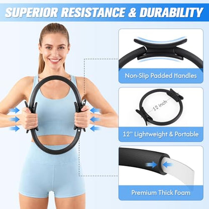 GINMIC Pilates Kit, Pilates Equipment for Home Workouts, at Home Pilates Set with Complete Accessories: Pilates Ring, Pilates Ball, Long and Loop Resistance Bands, Socks, Massage Ball, Guide & Bag - color: Black & Blue