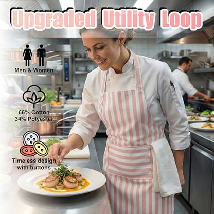 TOSHEX Kitchen Apron Cotton Waterdrop Resistant Adjustable Button Women Men | Premium Cotton Cooking Apron with Pocket. Striped, Gift, Powder Pink - color: Powder Pink