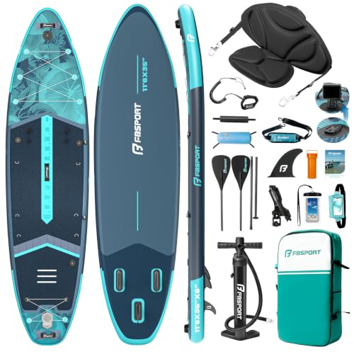 FBSPORT 11' Premium Stand Up Paddle Board, Yoga Board with SUP Accessories & Carry Bag | Wide Stance, Surf Control, Non-Slip Deck, Leash, Paddle and Pump for Youth & Adult - color: Blue Teal