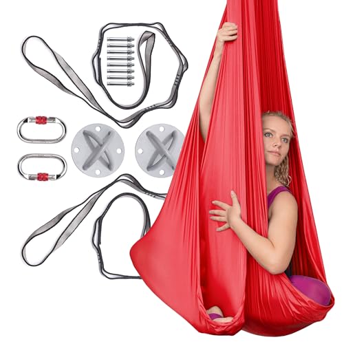 AyuHome Aerial Silks Yoga Swing Aerial Hammock Kit for Home | Premium aerial silks yoga swing kit with rigging hardware for aerial yoga, gymnastics, and home fitness - color: Aerial silk - Red - New