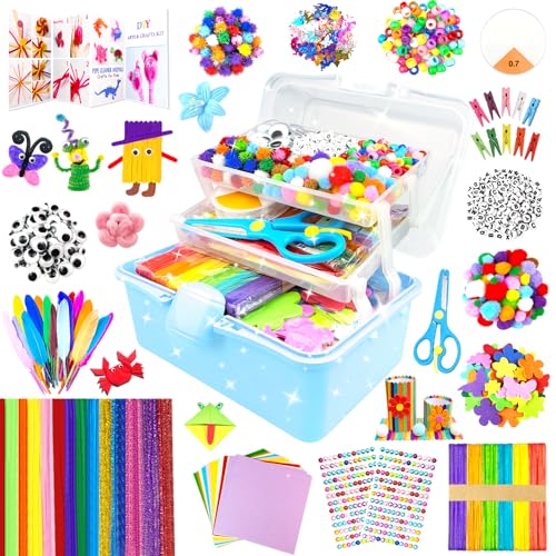 3000 Arts and Crafts Supplies for Kids Craft Kit Craft Box with Pipe Cleaners Arts and Crafts for Kids Age 4-6, 6-8, 8-12 DIY School Supplies Materials Set Toys Gifts for Girls Boys Toddlers, Blue - color: blue