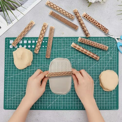 10 PCS Wooden Clay Texture Rollers Set, 100mm Pottery Pattern Rolling Pins with 10 Unique Designs, Ceramic and Polymer Clay Stamp Roller Tools for Studio Craft, Sculpting & Handmade Art Projects(A+B) - color: A+B