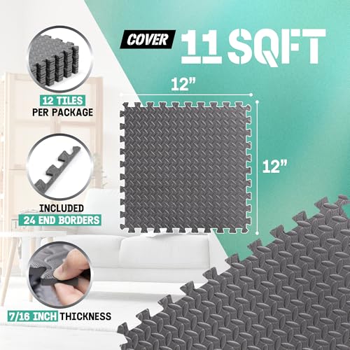 Yes4All EVA Interlocking Mats, Puzzle Floor Tiles, Foam Floor Padding with Border for Furniture, Home Space, Living Room, Garage 11,15,32,99 SQFT - color: Grey, style: 7/16" Thickness, 11 SQFT