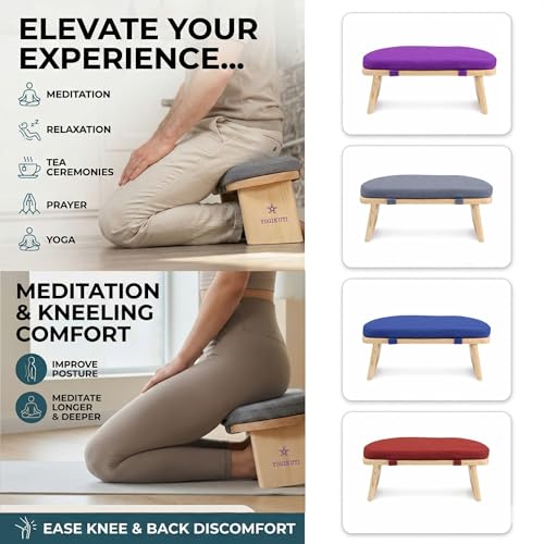 Yogikuti Folding Meditation Bench, Purple | Removable Cushion, Wooden Seiza Kneeling Stool, Ergonomic Meditation Seat, for Home & Yoga Studio, Comfortable Posture (Grey) - color: Grey