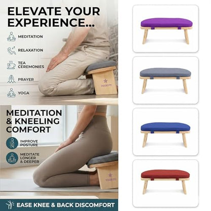 Yogikuti Folding Meditation Bench, Purple | Removable Cushion, Wooden Seiza Kneeling Stool, Ergonomic Meditation Seat, for Home & Yoga Studio, Comfortable Posture (Grey) - color: Grey