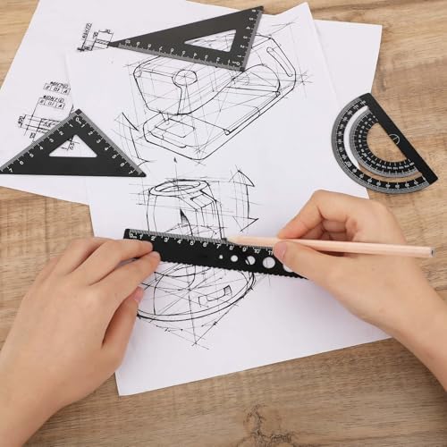 5Pcs Metal Geometry Set, Math Drafting Ruler Kit Aluminum Triangle Rulers Metal Ruler Drafting Tools, Metal Triangular Scale Ruler Set, Protractor, 6/8 Inches Drawing Ruler for Architect Engineer