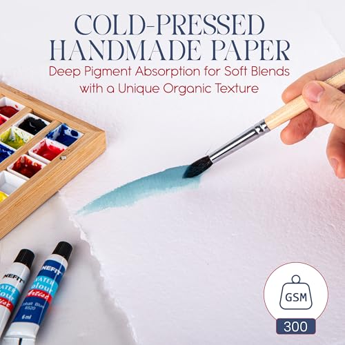 Thick Handmade A5 Size Watercolor Paper with Deckle Edge - 5.8" x 8.25" - 300GSM - Premium White Hot Press Smooth Mixed Media Paper Made with Recycled Cotton - 25 Loose Leaf Sheets - color: White, size: 5.8x8.3" (15x21cm)