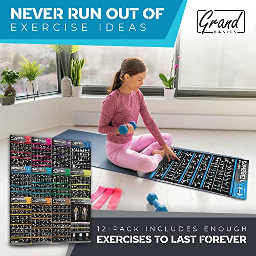 [12-PACK] Laminated Large Workout Poster Set - Perfect Workout Posters for Home Gym - Exercise Charts Incl. Dumbbell, Yoga Poses, Resistance Band, Kettlebell, Stretching & More Fitness Gym Posters - style: Dark