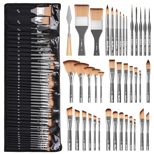 Nicpro 40 PCS Paint Brush Set, Professional Acrylic Paint Brushes | Suitable for Acrylic Painting, Oil, Watercolor, Gouache, Includes Palette Knife & Canvas Roll, Painting Supplies for Artist - color: Gray, size: 40 Pieces