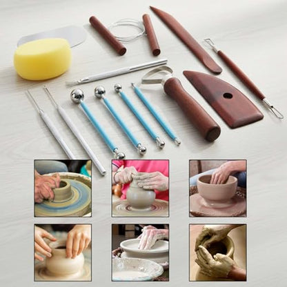 17 Pcs Pottery and Clay Sculpting Tools Set, Double-Sided Ceramic Carving and Trimming Tools with Smooth Wooden Handles for Shaping, Detailing, and Embossing(17)