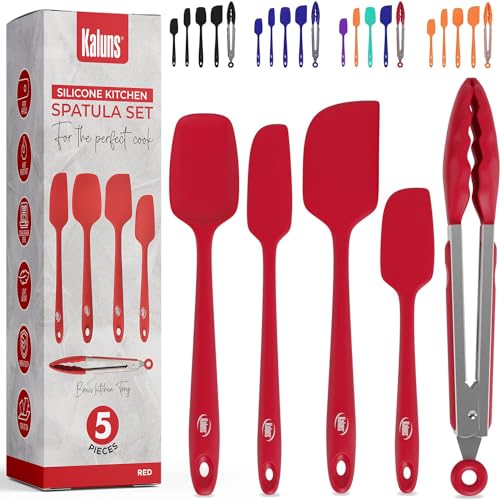 Kaluns Silicone Spatula Set, 4 Rubber Spatulas 600°F Heat Resistant, Nonstick Seamless Design with Stainless Steel Core, Dishwasher Safe, BPA free, Bonus Tongs Included - color: 4 Pcs + Tongs Red