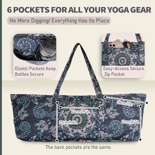 Yoga Mat Bag Yoga Tote Bag with Large Waterproof Zipper Pocket and Drawstring Pocket Yoga Mat Bag Carrier Fit Most Size Mats and All You Stuff - color: dark blue green
