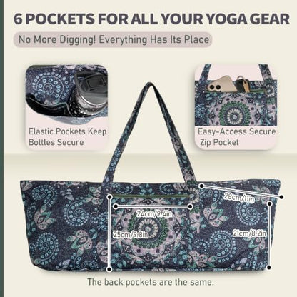 Yoga Mat Bag Yoga Tote Bag with Large Waterproof Zipper Pocket and Drawstring Pocket Yoga Mat Bag Carrier Fit Most Size Mats and All You Stuff - color: dark blue green