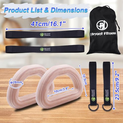 J Bryant Fitness Wooden Gymnastic Rings - Pull Up Grips & LAT Pull Down Gym Handles Design, Sturdy Webbing Straps with D-Rings, Pilates, Strength Training, and Portable Fitness - Includes Carry Bag