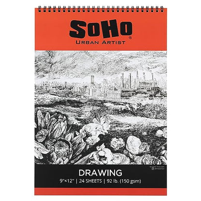 SoHo Urban Artist Softcover Drawing Pad - 9"x12" - 92 lbs/150gsm, Mixed Media, 24 Dual-Sided Sheets, Acid-Free, Wire-Bound, Micro-Perforated, Repeated Erasing & Reworking - size: 9"x12"