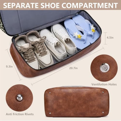Large Women Travel Weekender Bag: Carry on Duffle with Shoe Compartment | Overnight Duffel Bags with Wet Pocket, Crossbody & Toiletry Bag, 3PCS Womens Traveling Tote Set for Hospital Gym Weekend Trip - color: Brown Leopard Print