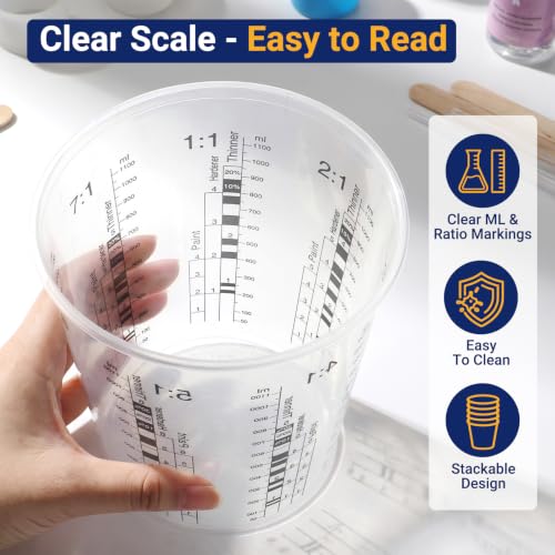 30 Pack 37oz 1100ml Clear Plastic Paint Mixing Cups with 30 Stir Sticks - Disposable Graduated Measuring Cups for Paint, Resin & Epoxy with ML Scale & 3-Column Ratios (1:1-7:1) for DIY Crafts - size: 37oz / 1100ml