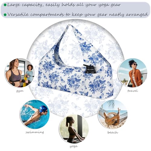 Large Yoga Mat Bag Yoga Bags and Carriers Fits All You Stuff Yoga Tote Bag with Yoga Mat Strap, Elastic Pockets and Zipper Pockets - color: white blue