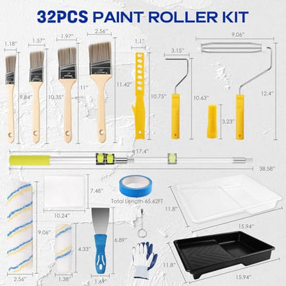 32PCS Paint Roller Kit with 2-4ft Extension Pole, 9" & 4" Roller Covers, Paint Brushes, Tray Liners & Tape, Professional House Painting Supplies for Walls, Ceilings & Cabinets