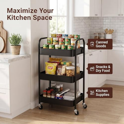 SETTFRFE 3-Tier Metal Rolling Storage Cart with Lockable Wheels,Black | Utility Cart for Kitchen Bathroom Dorm ,Movable Snack Cart & Art Cart for Esthetician Nail Lash Diaper,Tool-Free Assembly
