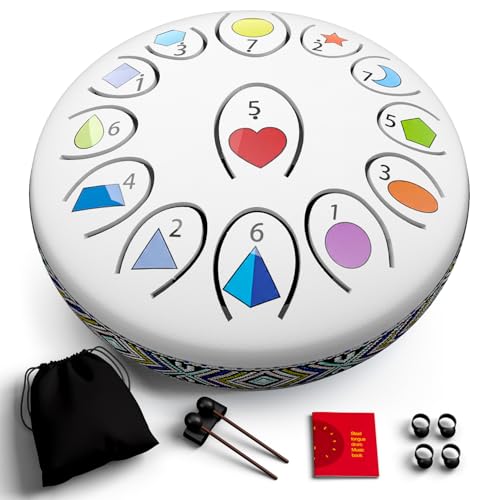 REGIS Steel Tongue Drum, Rain Drum for Outside Garden, Waterproof Meditation Rain Chime, UV-Printed Notes & Geometric Design, with Bag, Mallets & Music Book(White 6.5 Inch 13 Notes) - color: White